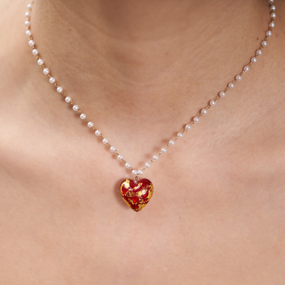 Handmade Czech Crystal Necklace - Red Passion's Golden Heart