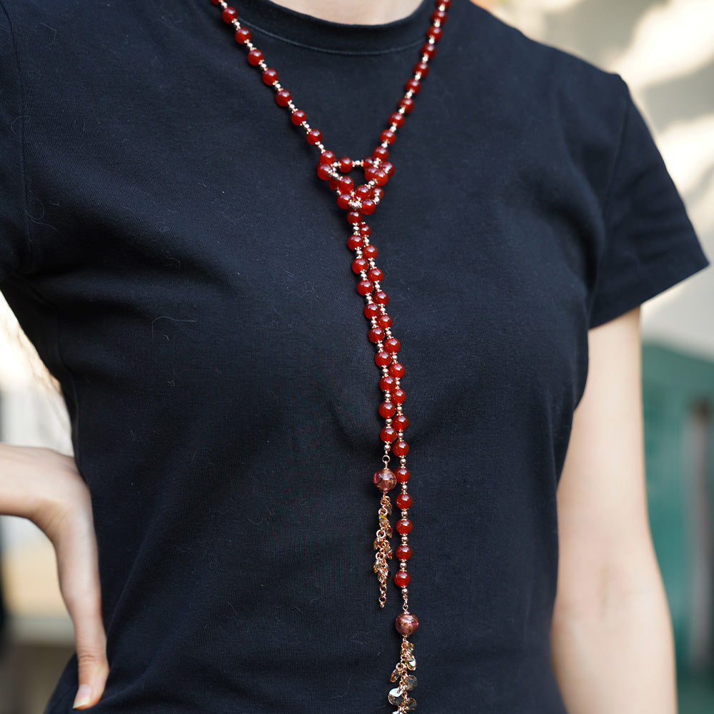 Handmade Czech Crystal Beads Long Chain - Crimson Elegance Sweater Chain