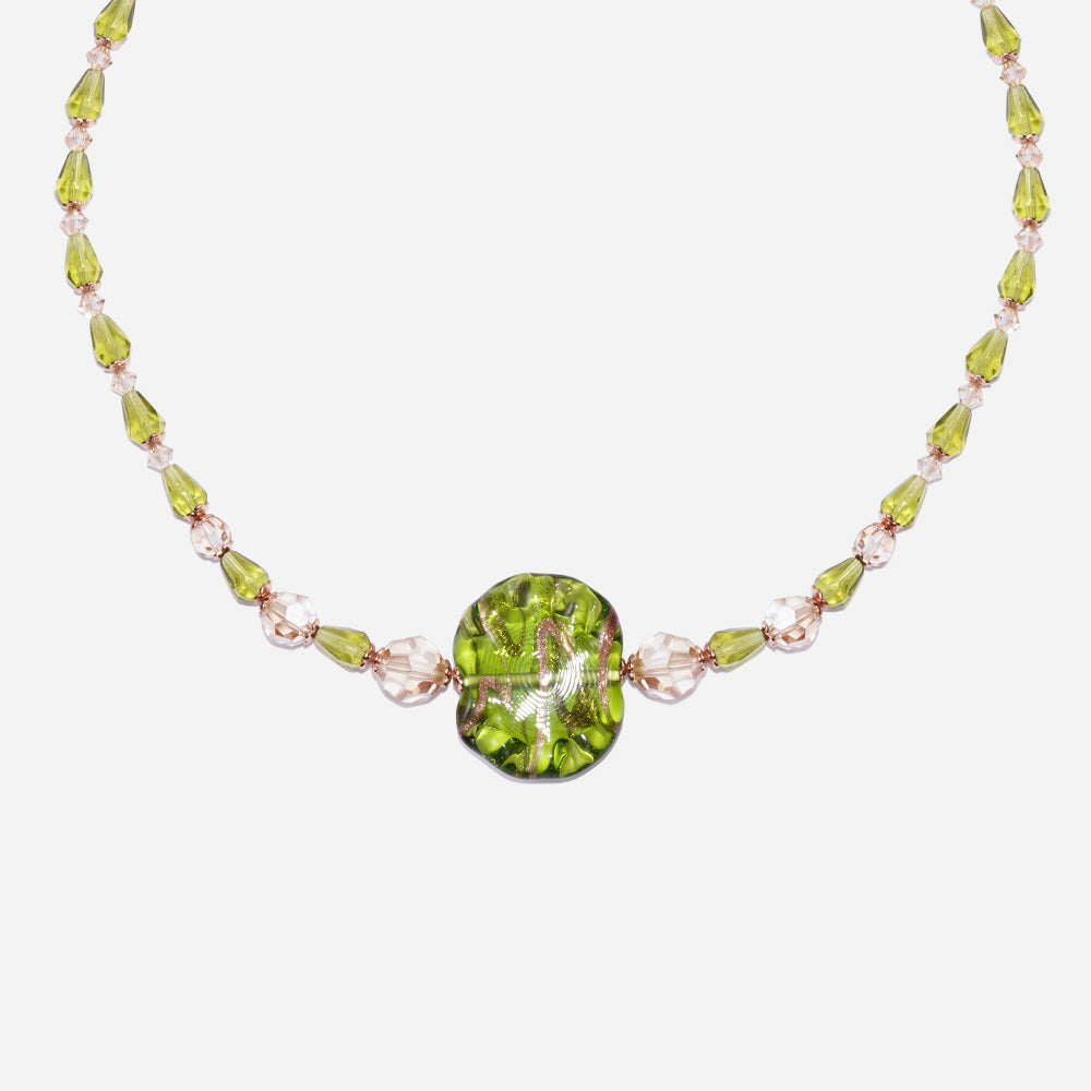 Green Tulip Flowers Necklace Czech Glass Beads Swarovski Crystals